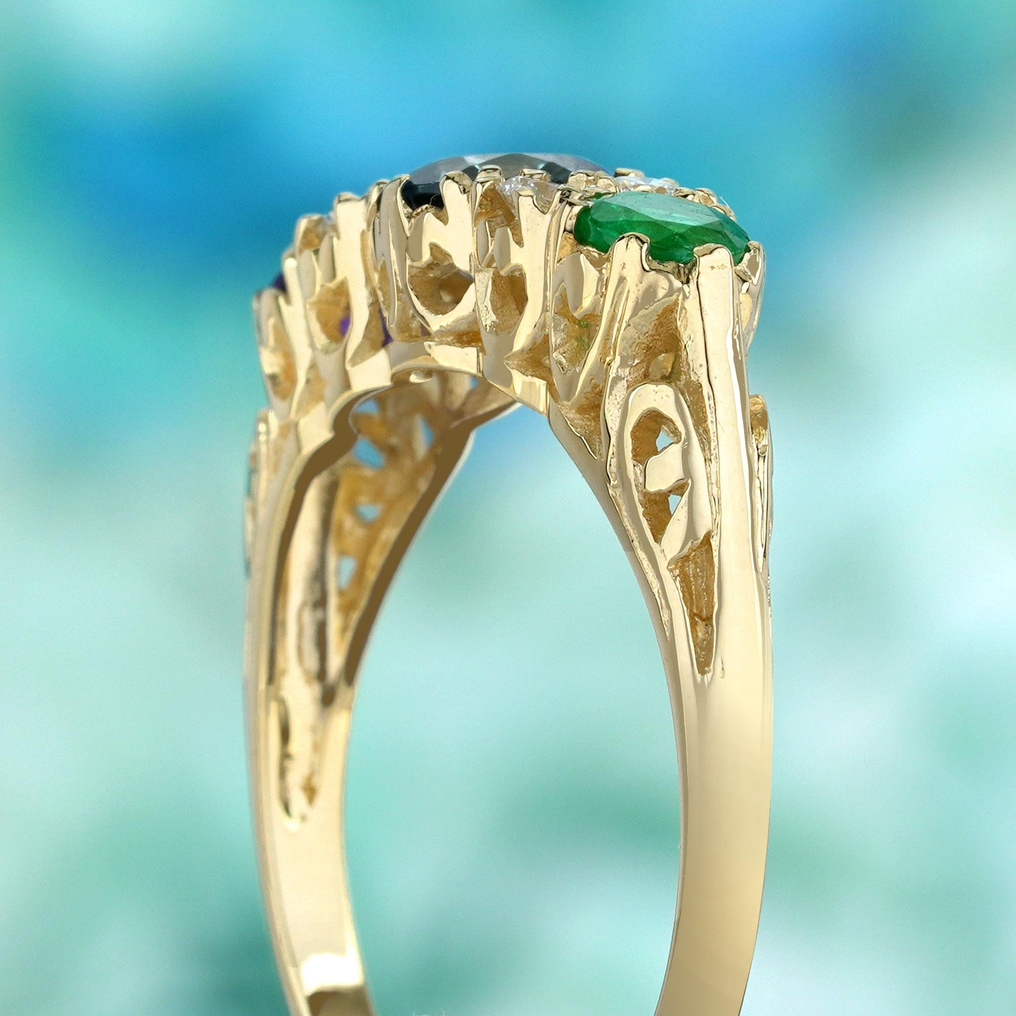Bague vintage à trois pierres en or jaune massif 9 carats Pour femmes en vente