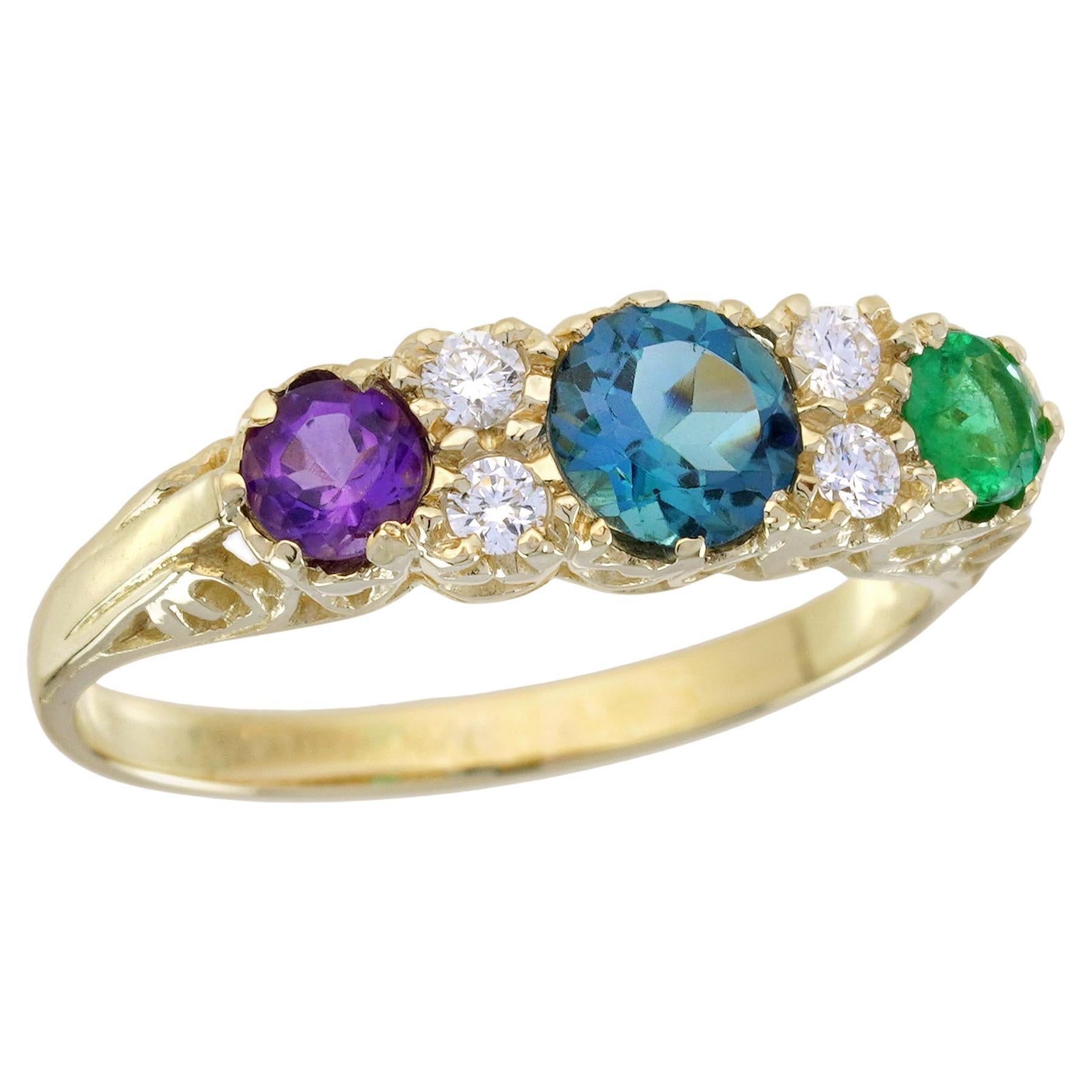 Multi Gemstone Vintage Style Three Stone Ring in Solid 9K Yellow Gold