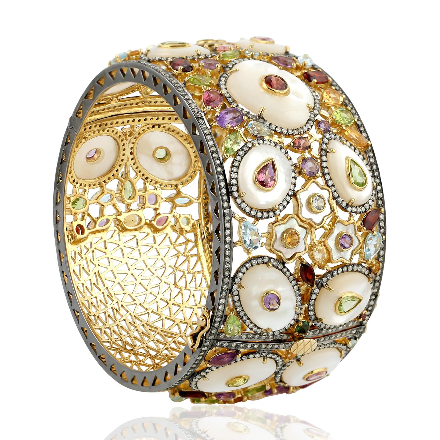 Multi Gemstone With MOP Cuff With Diamonds Made In 18k Yellow Gold In New Condition For Sale In New York, NY