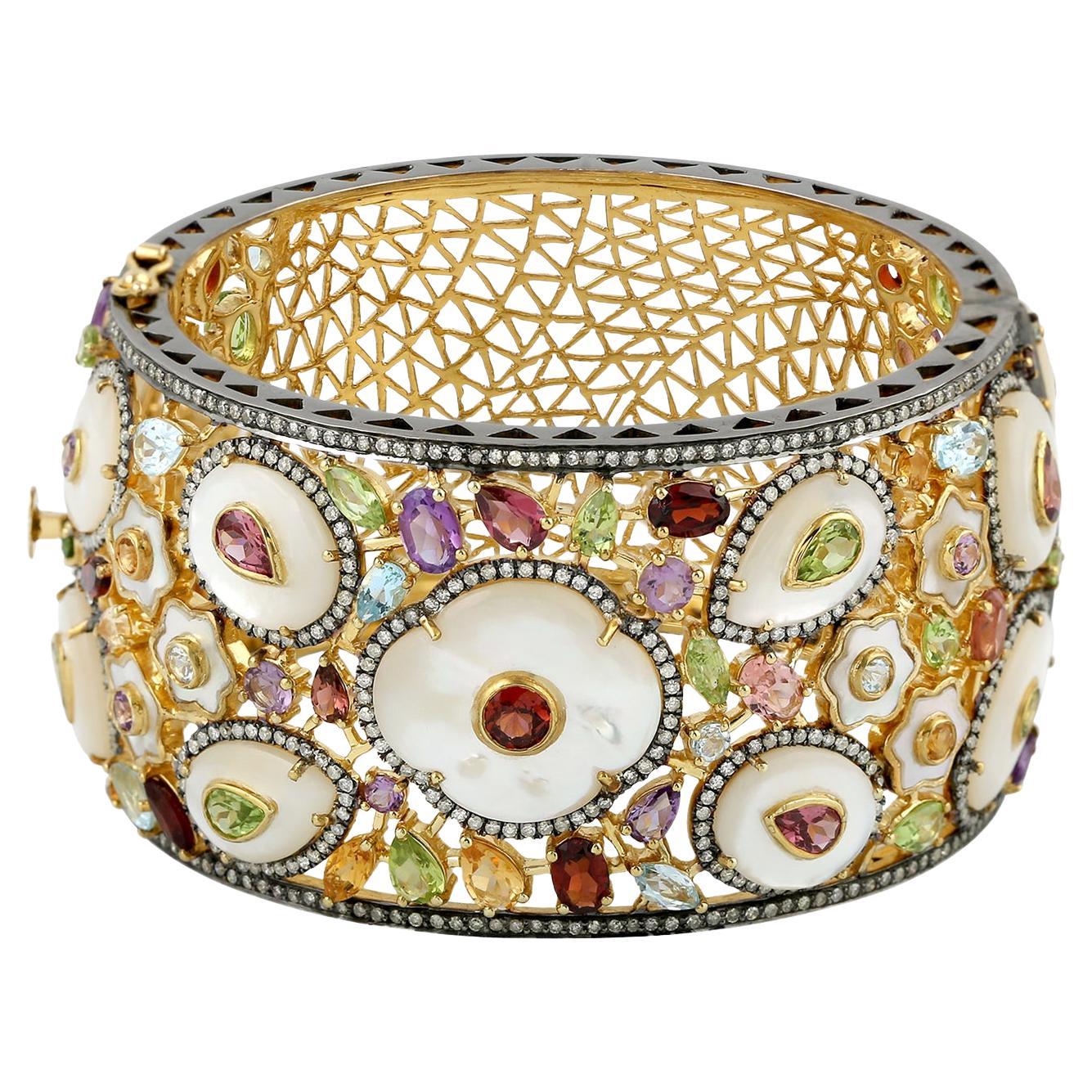 Multi Gemstone With MOP Cuff With Diamonds Made In 18k Yellow Gold For Sale