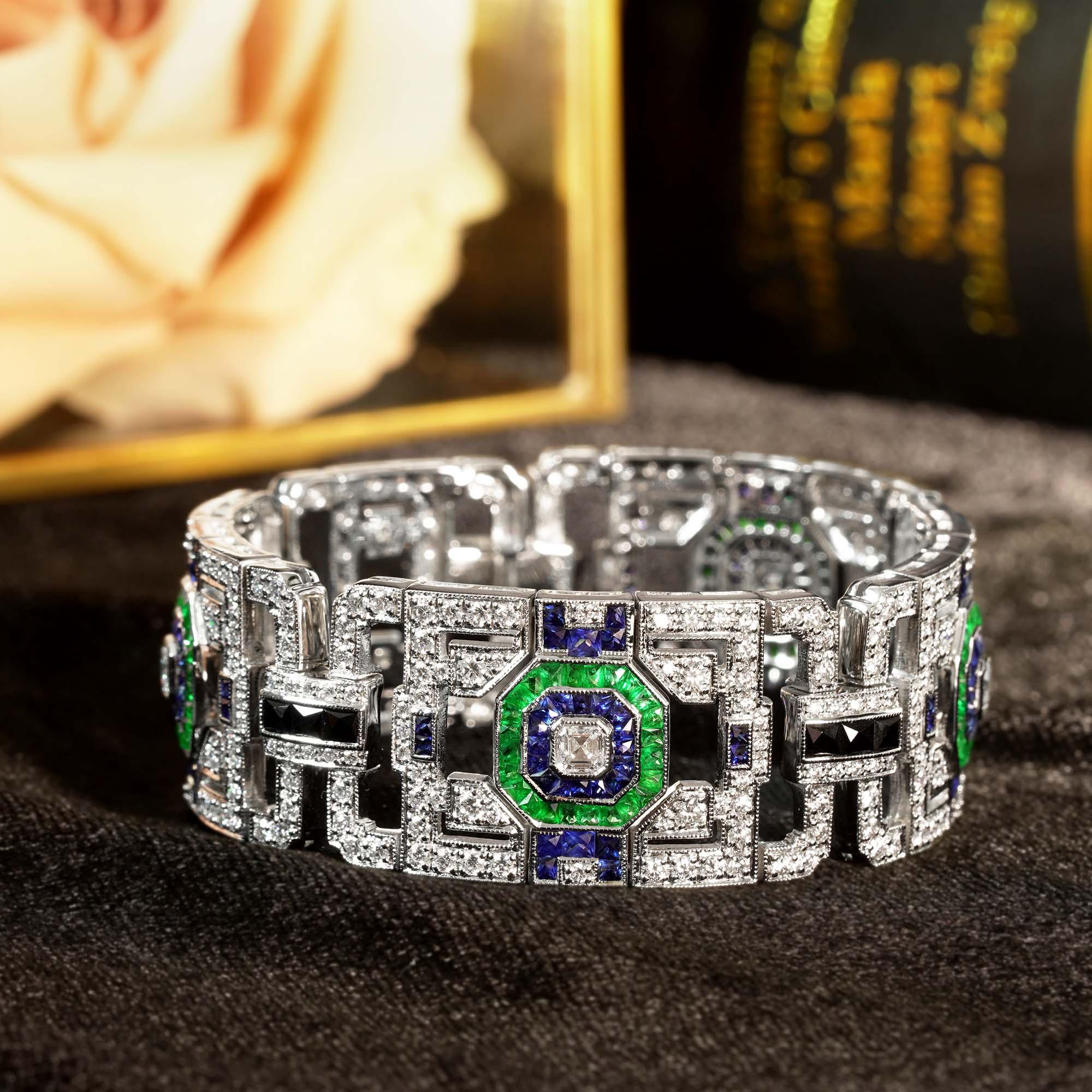 Asscher Cut Multi Gemstones Art Deco Style Bracelet in 18K White gold