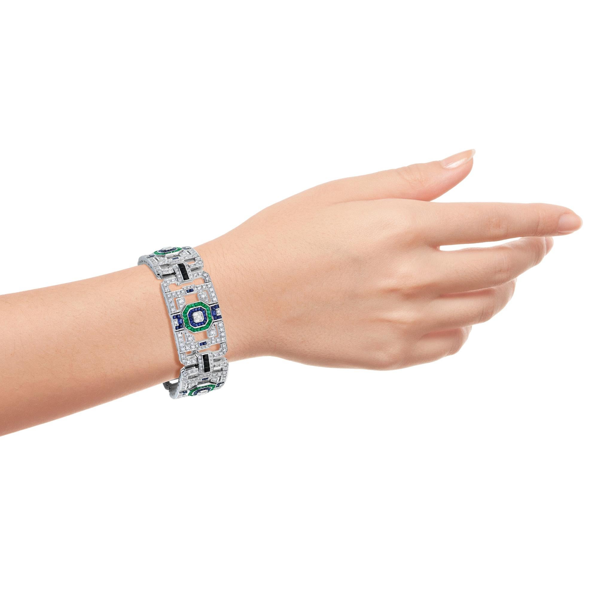 Bracciale stile Art Deco con più pietre preziose in oro bianco 18 carati in vendita 3