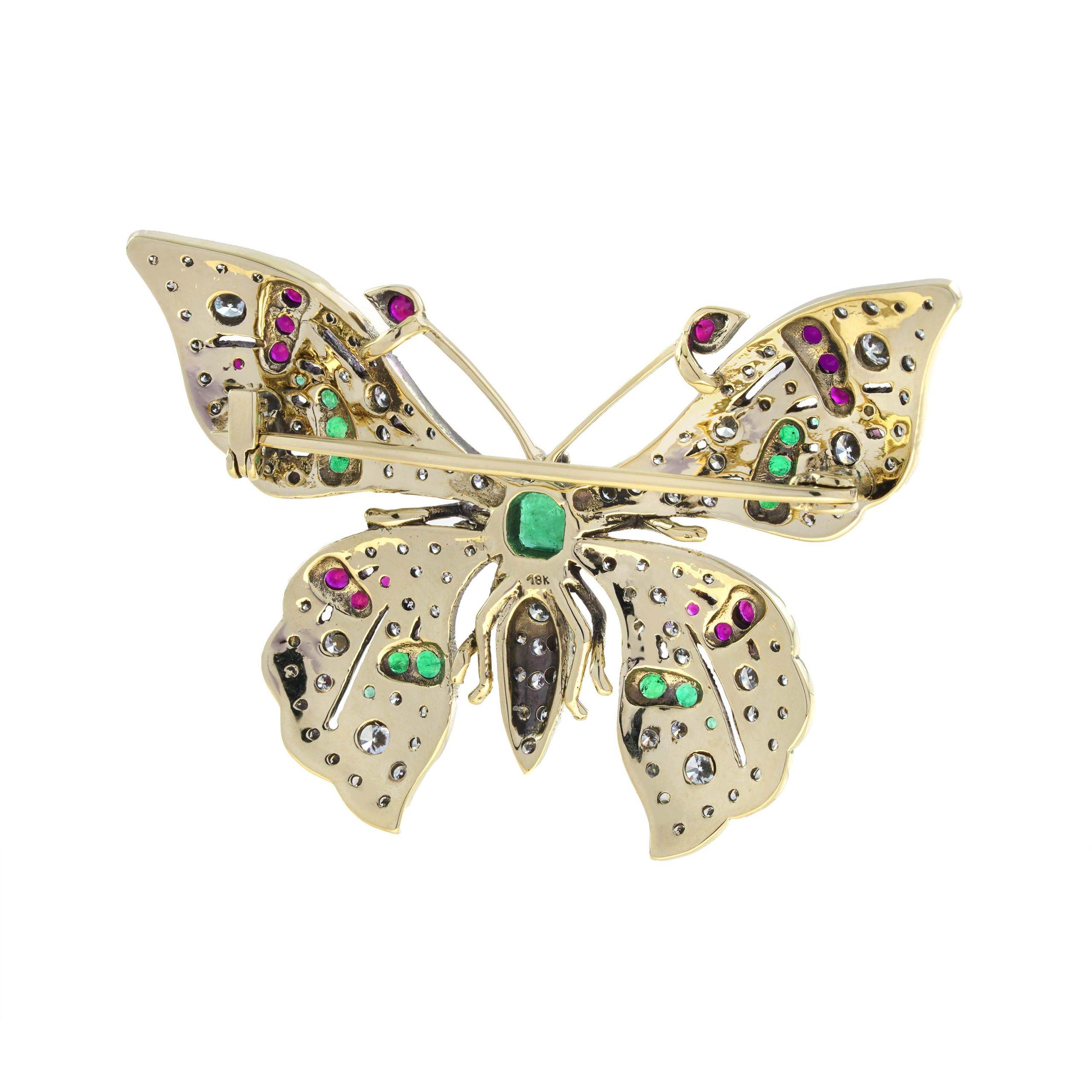Taille Asscher Broche en or jaune 14K avec papillon, style vintage, multi pierres précieuses en vente