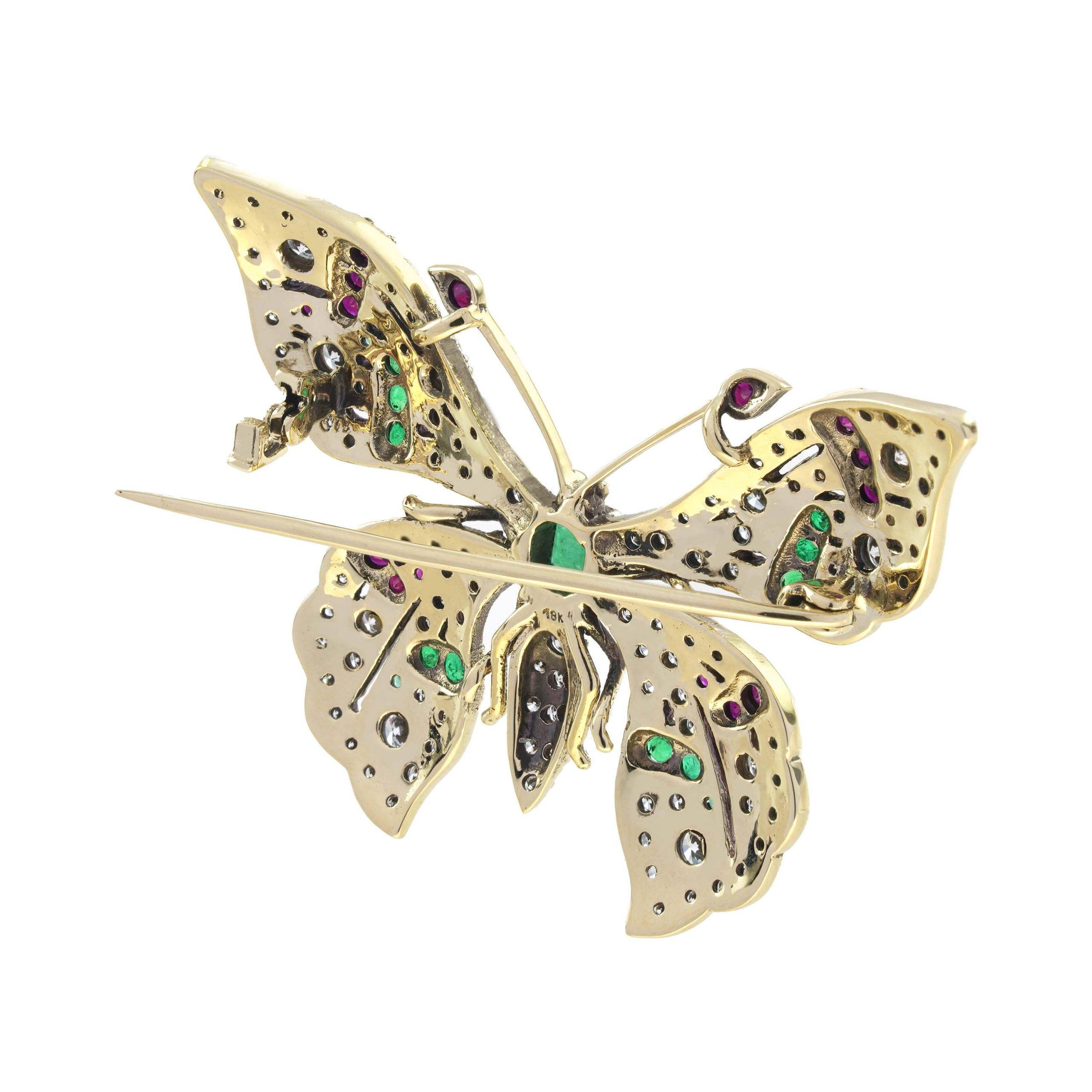 Broche en or jaune 14K avec papillon, style vintage, multi pierres précieuses Neuf - En vente à Oakton, VA