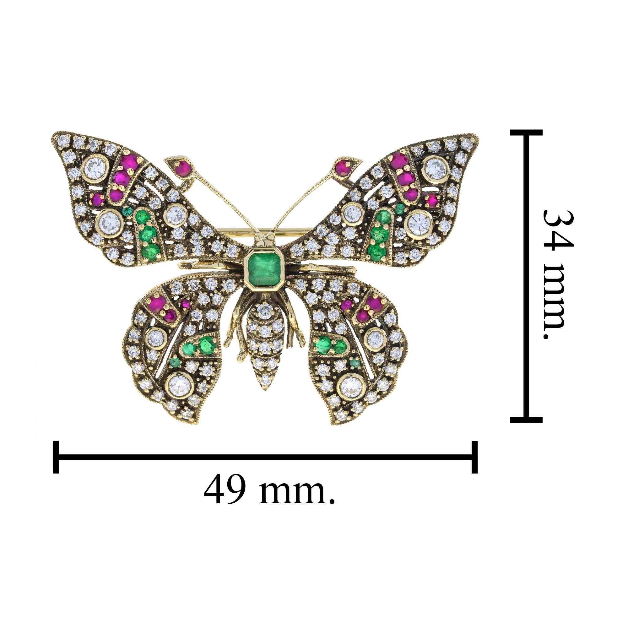 Broche en or jaune 14K avec papillon, style vintage, multi pierres précieuses en vente 2