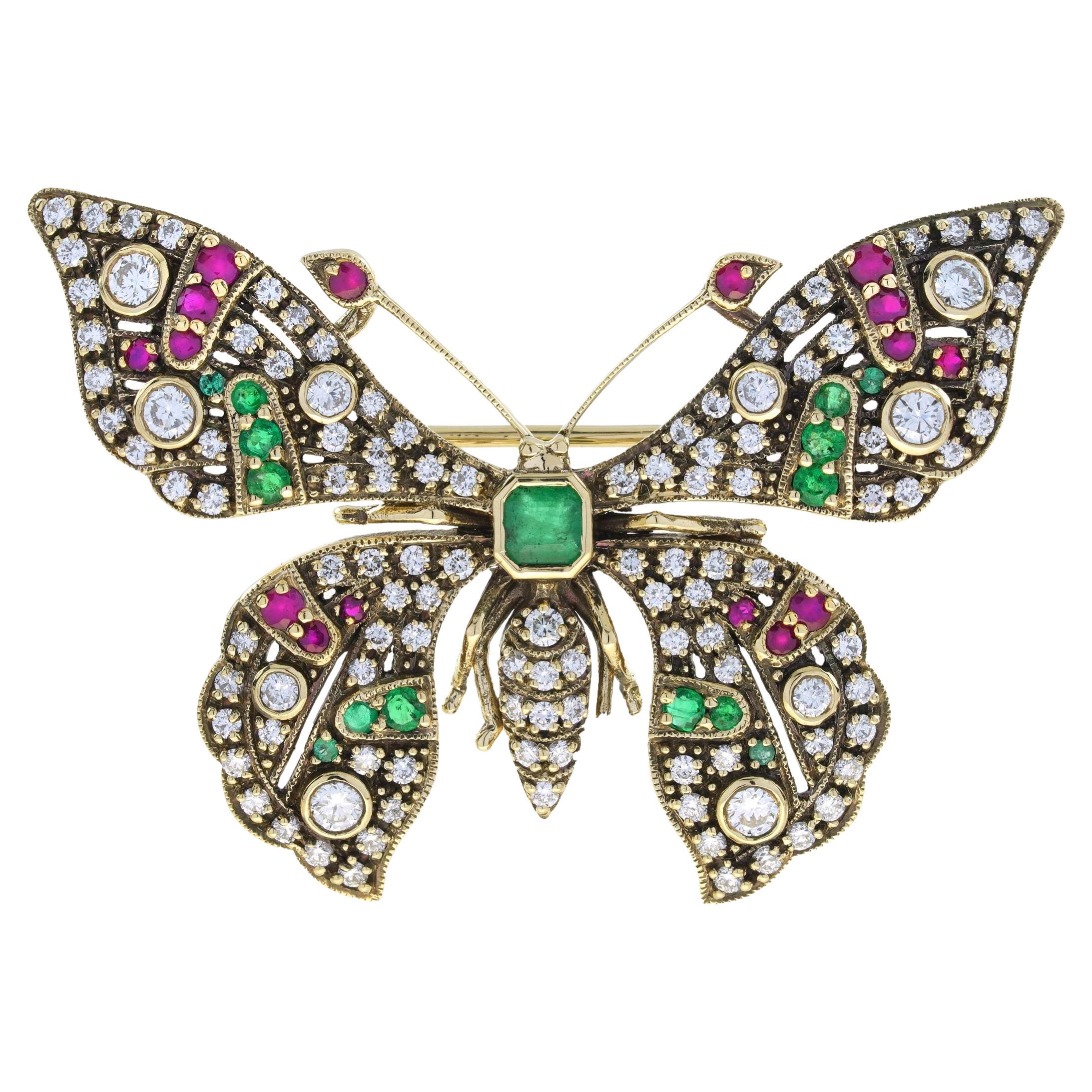 Multi Edelsteine Vintage Style Schmetterling 14K Gelbgold Pin Brosche
