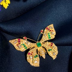 Multi Gemstones Vintage Style Butterfly Brooch in 14K Yellow Gold