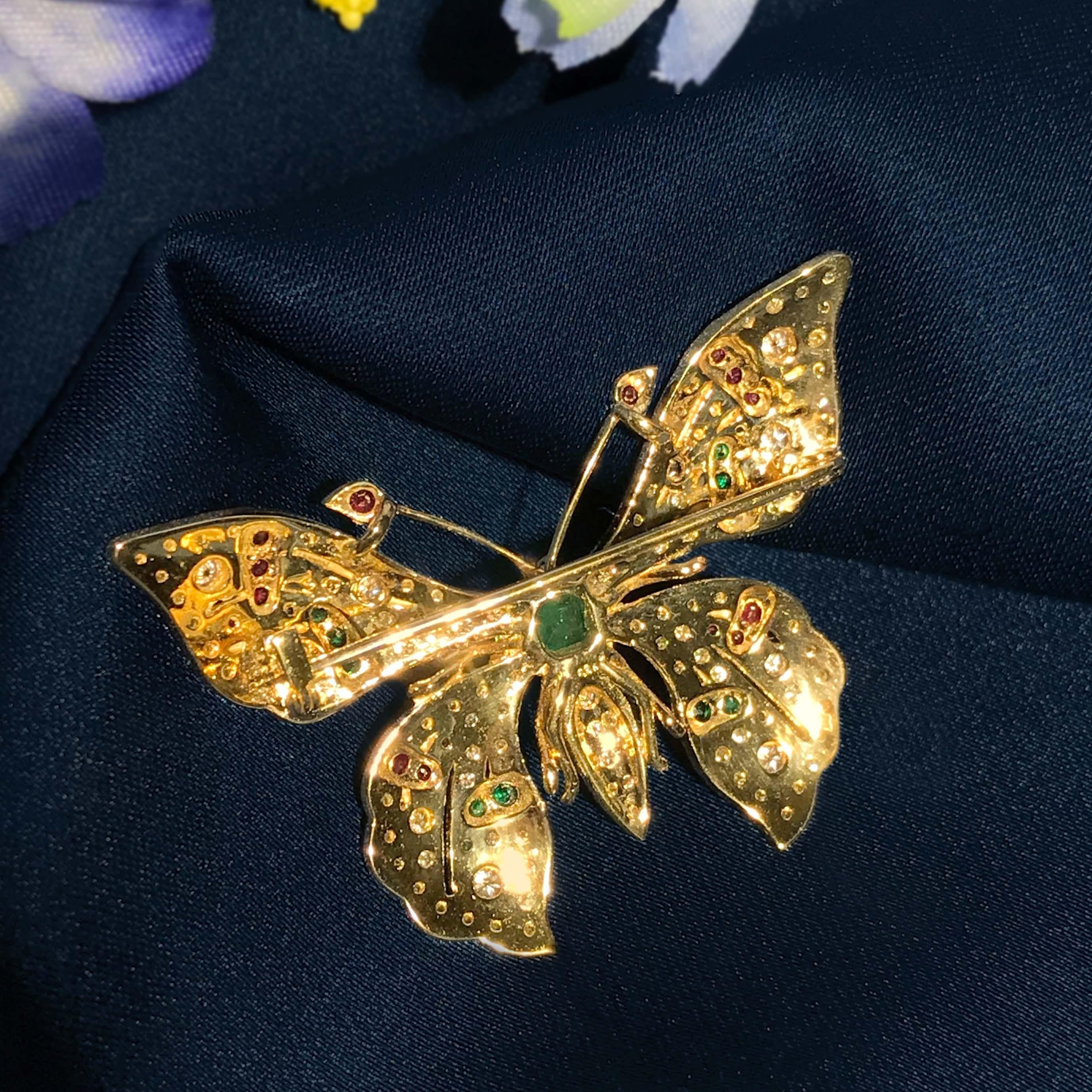Art Déco Spilla a farfalla in stile vintage con più pietre preziose in oro giallo 14 carati