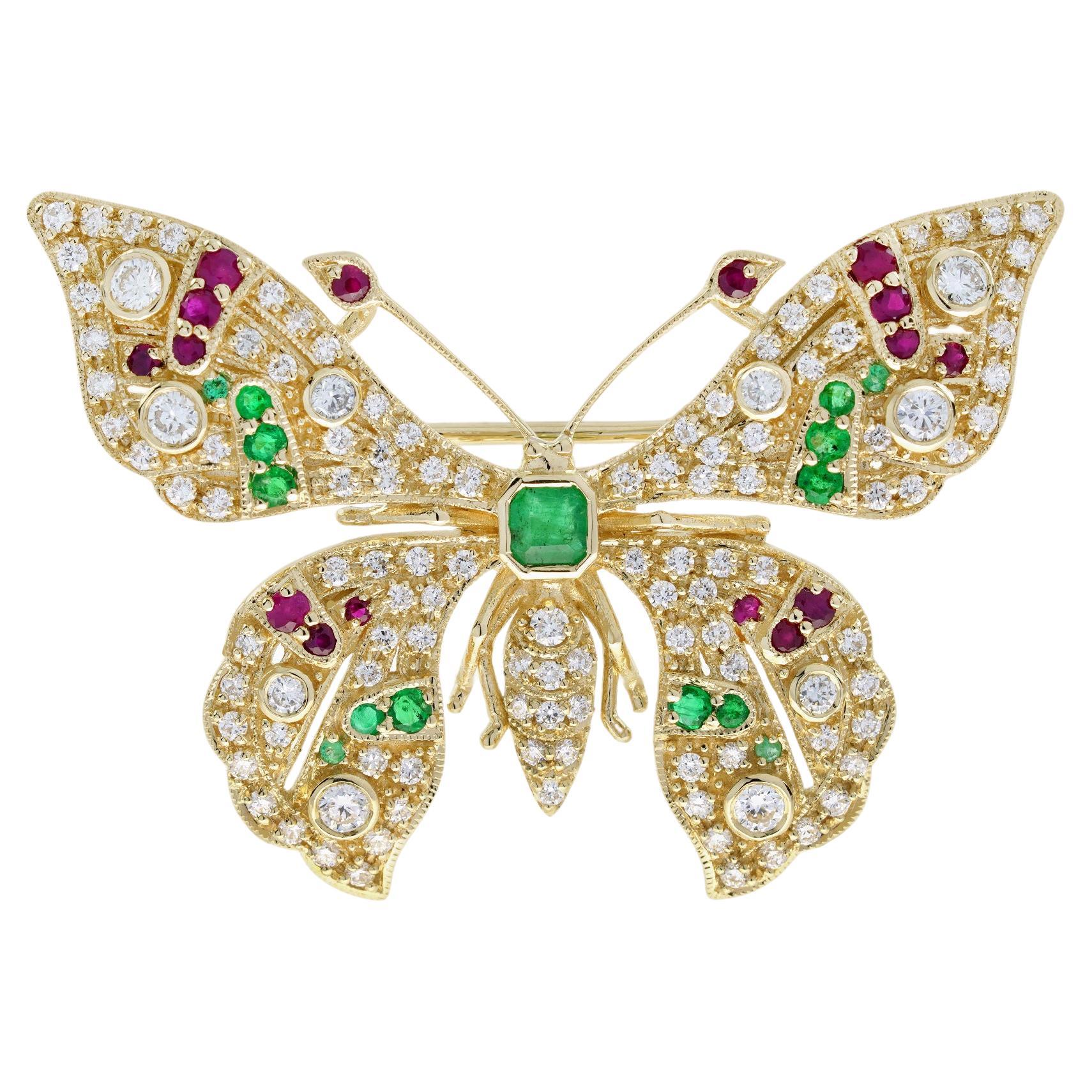Multi Gemstones Vintage Style Butterfly Brooch in 14K Yellow Gold