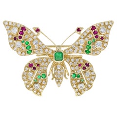 Multi Gemstones Vintage Style Butterfly Brooch in 14K Yellow Gold