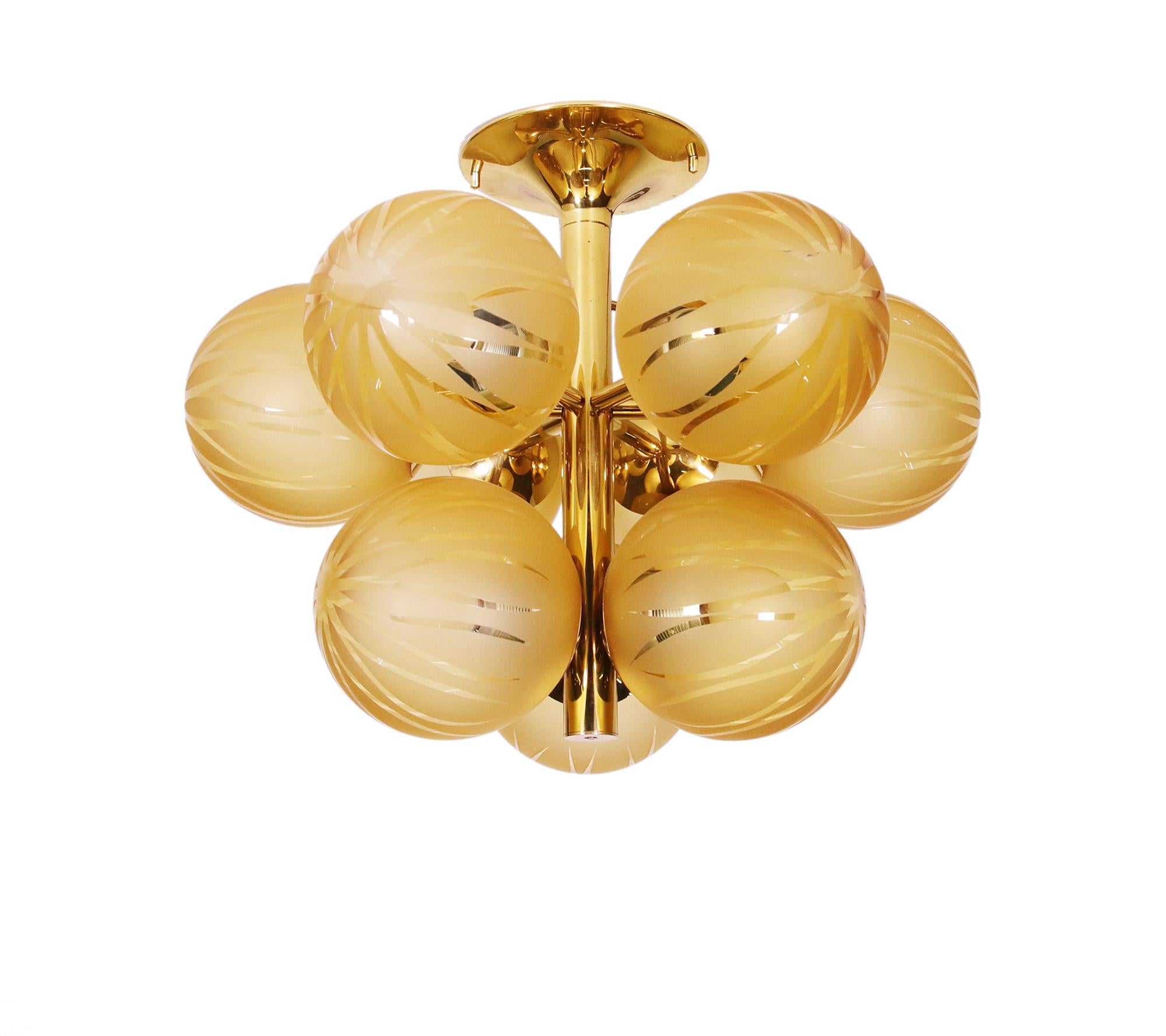 1960 Swiss Temde Max Bill Golden Flush Mount Multi Glass Globes & Brass 2