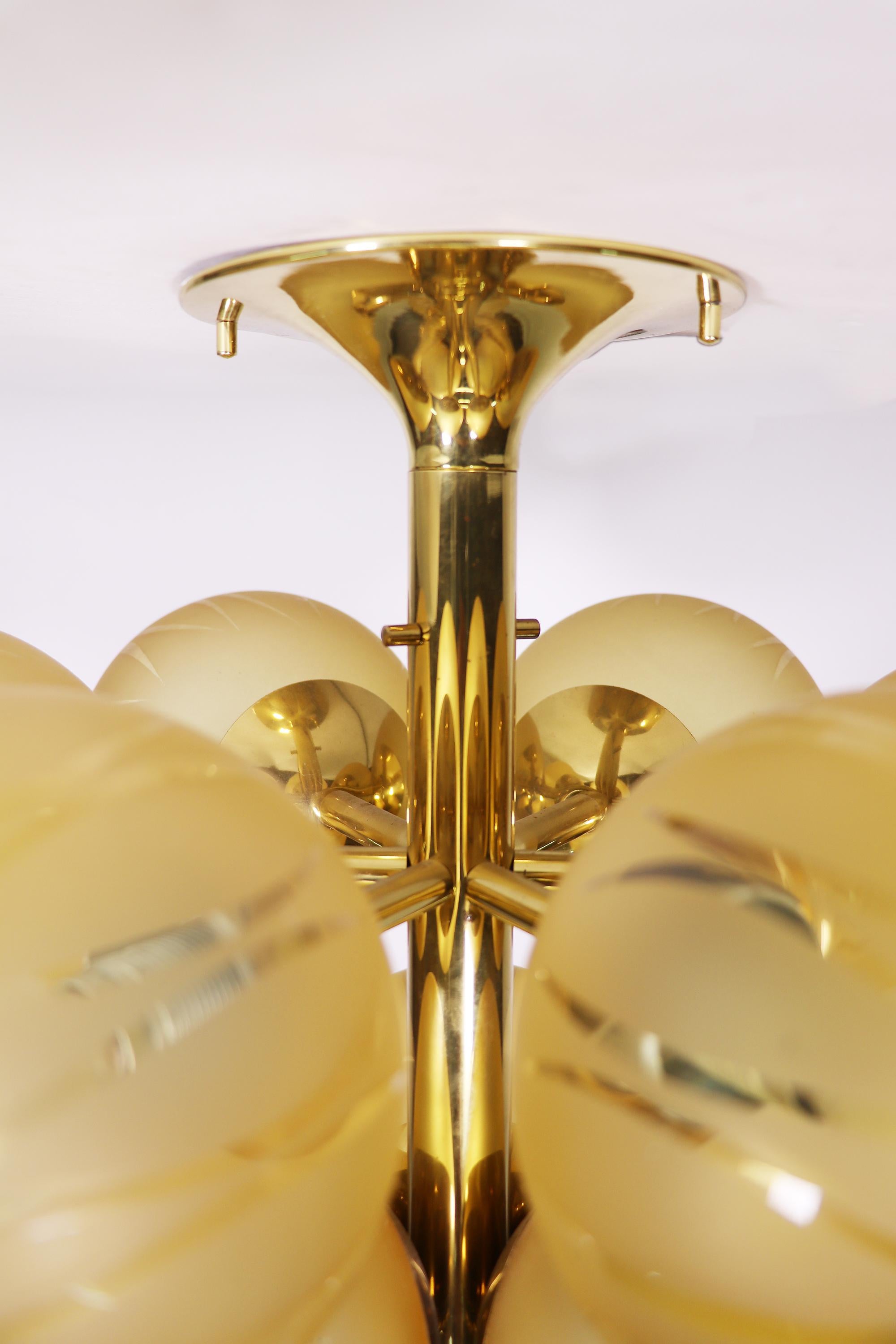 1960 Swiss Temde Max Bill Golden Flush Mount Multi Glass Globes & Brass 3