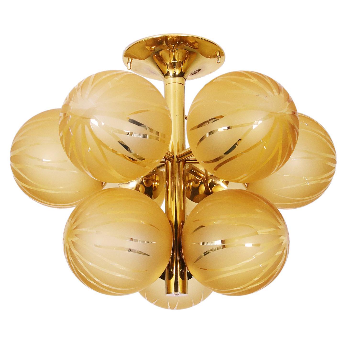 1960 Swiss Temde Max Bill Golden Flush Mount Multi Glass Globes & Brass