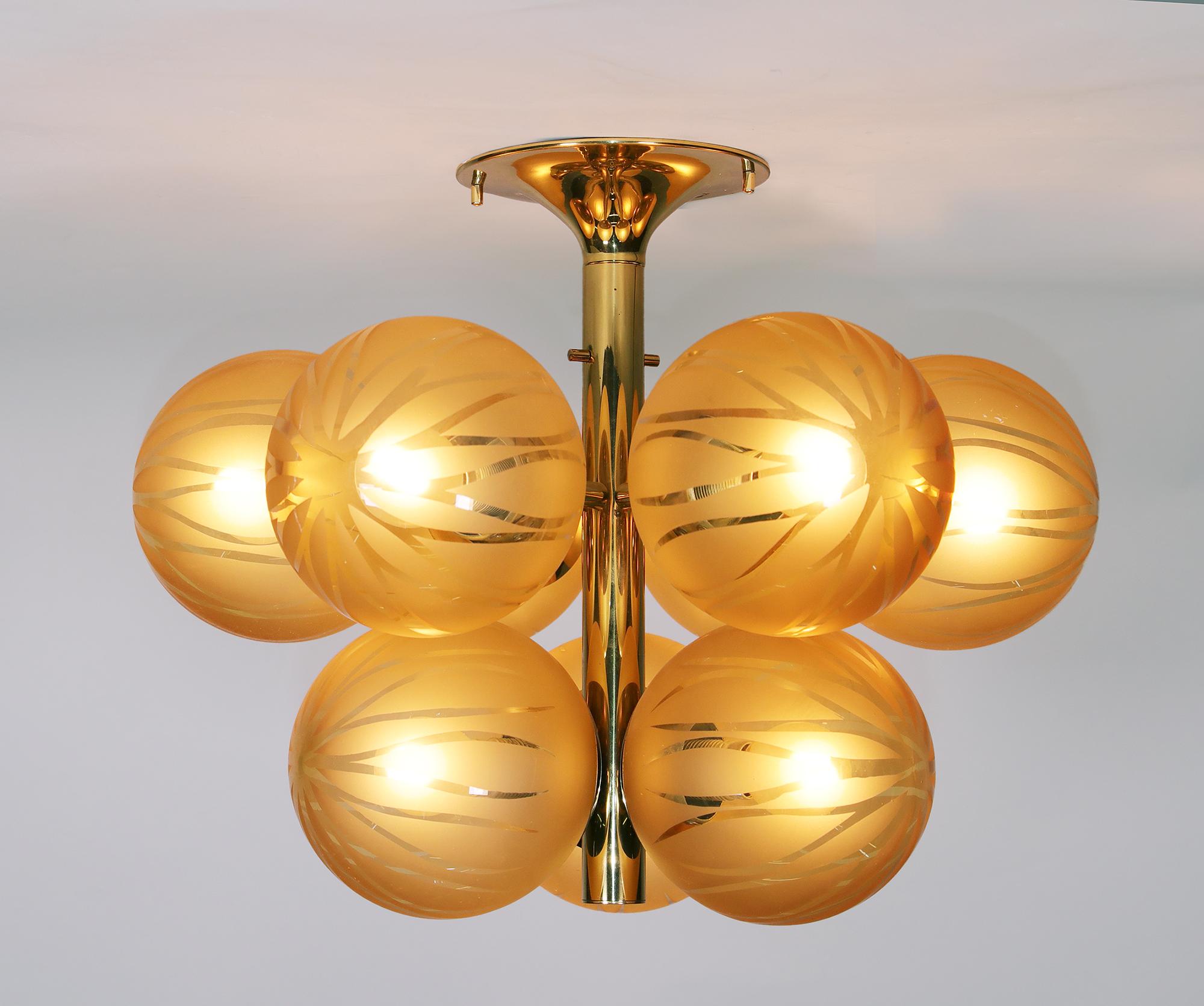 Mid-Century Modern 1960 Swiss Temde Max Bill Golden Flush Mount Multi Glass Globes & Brass