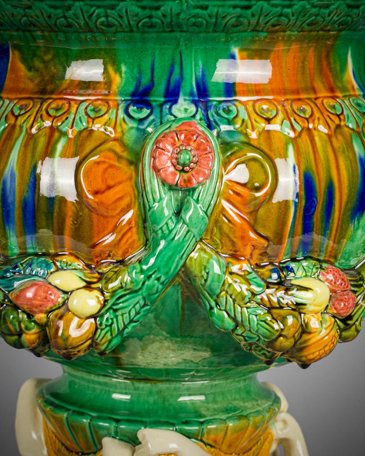 Porcelain Multi-Glaze Majolica Figural Jardiniere, circa 1890 For Sale