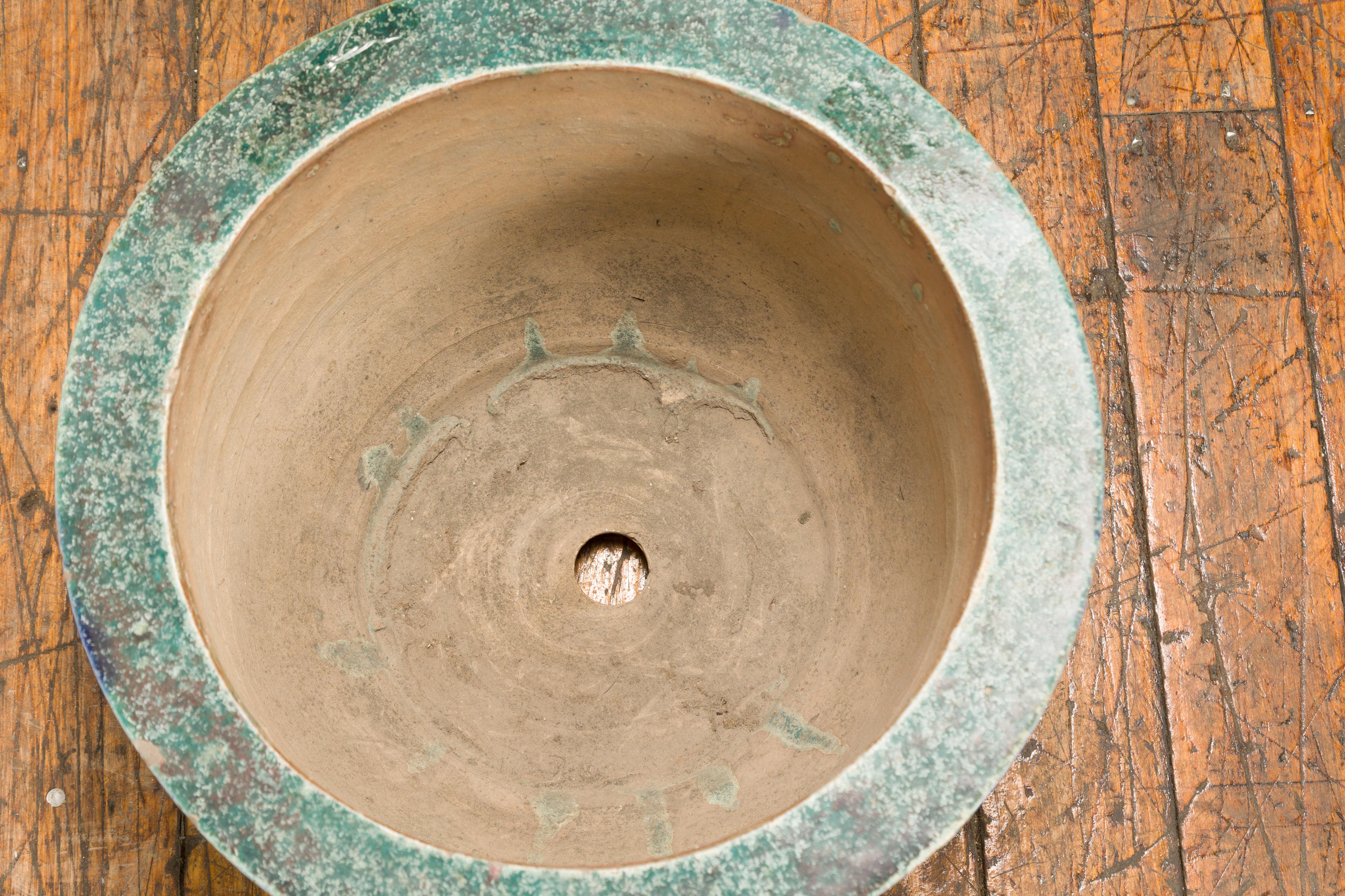 Ceramic Multi-Glaze Planter with Green and Blue Accents, Qing Dynasty Period