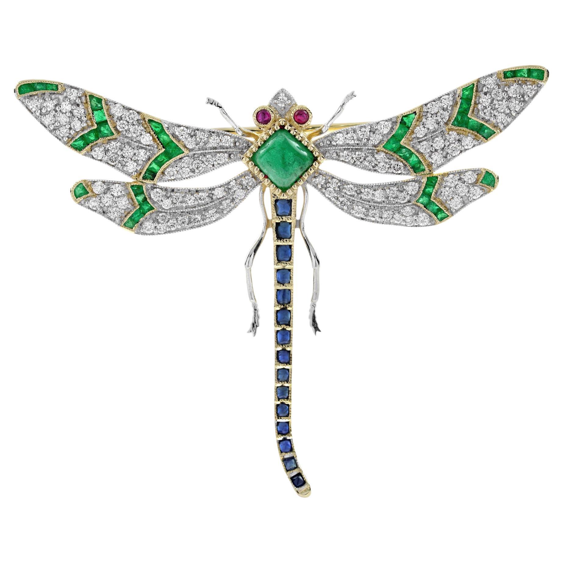 Multi  Green Emerald Blue Sapphire Diamond Vintage Style Gold Dragonfly Brooch