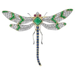 Multi  Green Emerald Blue Sapphire Diamond Vintage Style Gold Dragonfly Brooch