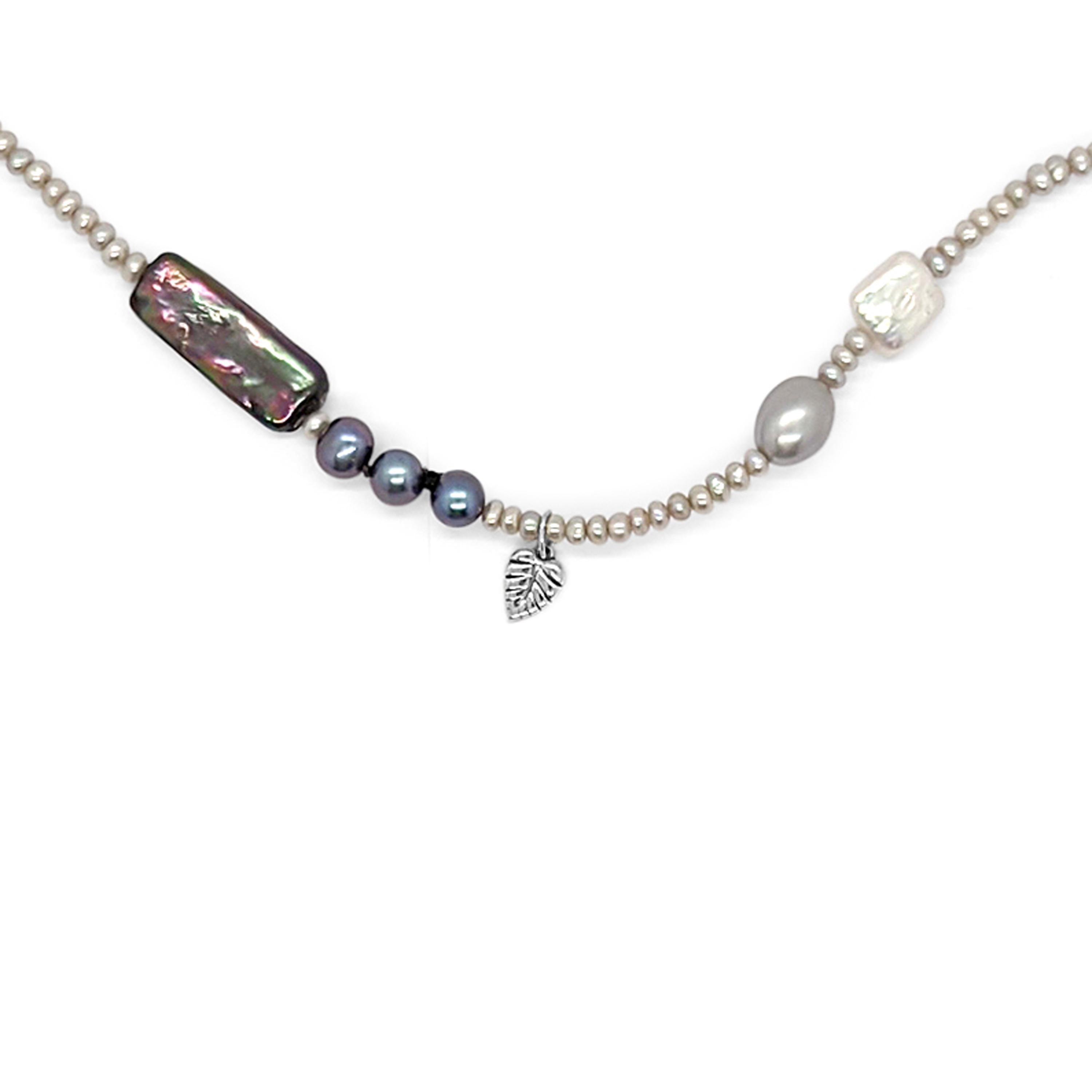 Women's Multi-Hued Peacock and White Pearl Necklace in Sterling Silver For Sale