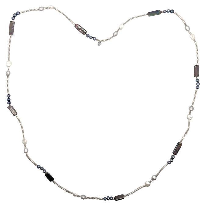 Multi-Hued Peacock and White Pearl Necklace in Sterling Silver For Sale
