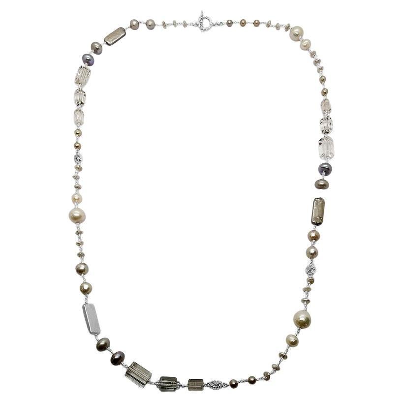 Multi-Hued Pearls and Natural Quartz Engraved Necklace in Sterling Silver