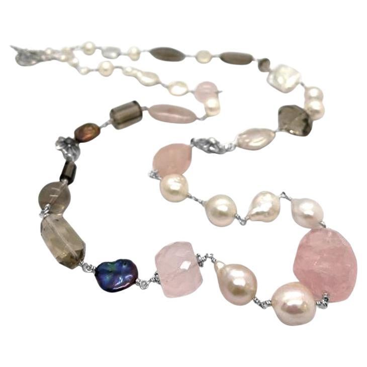 Multi-Hued Pearls Baroque, Keshi Pearls, Rose Quartz Necklace in Sterling Silver