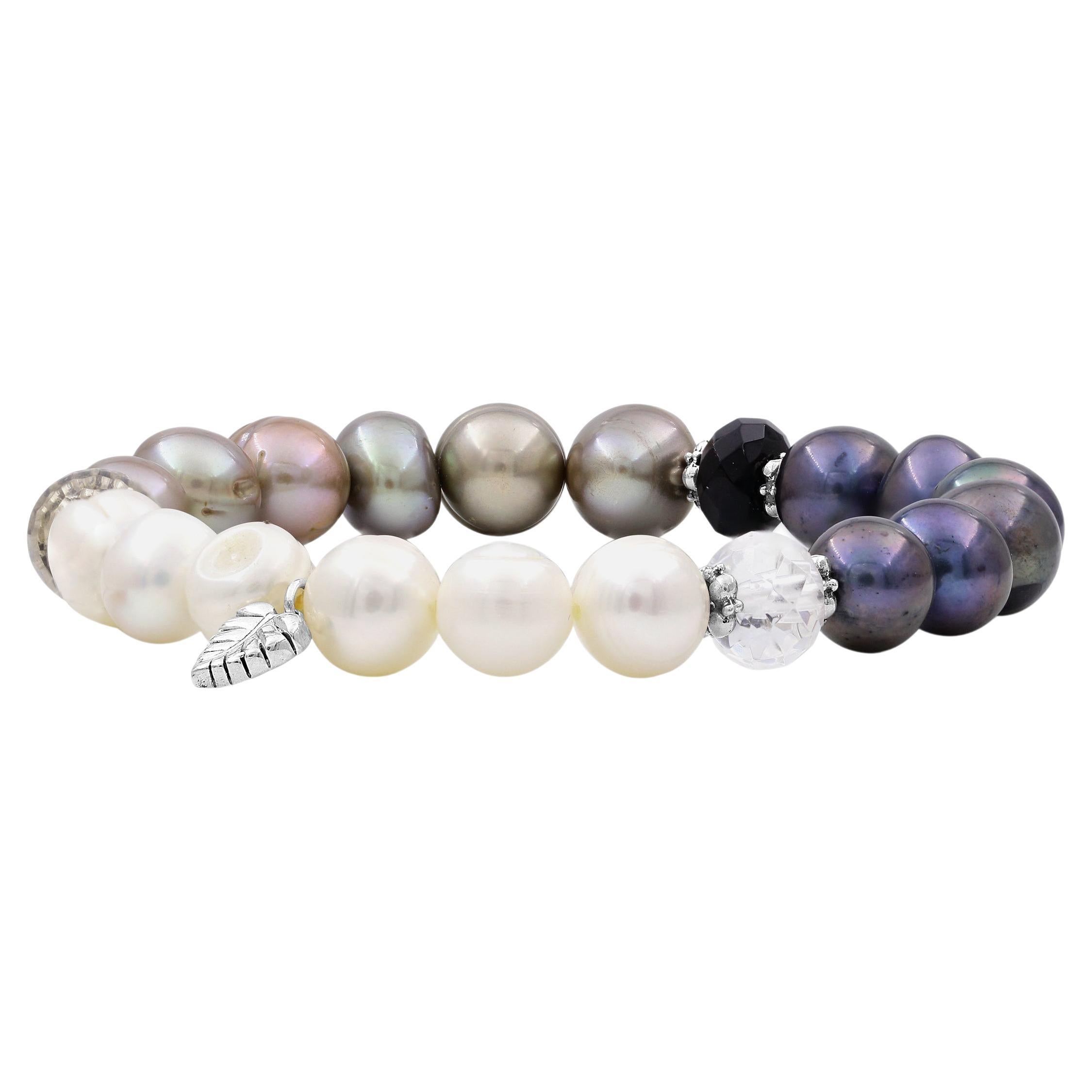 Multi-Hued Pearls Black Onyx and Smoky Quartz Bracelet in Sterling Silver For Sale
