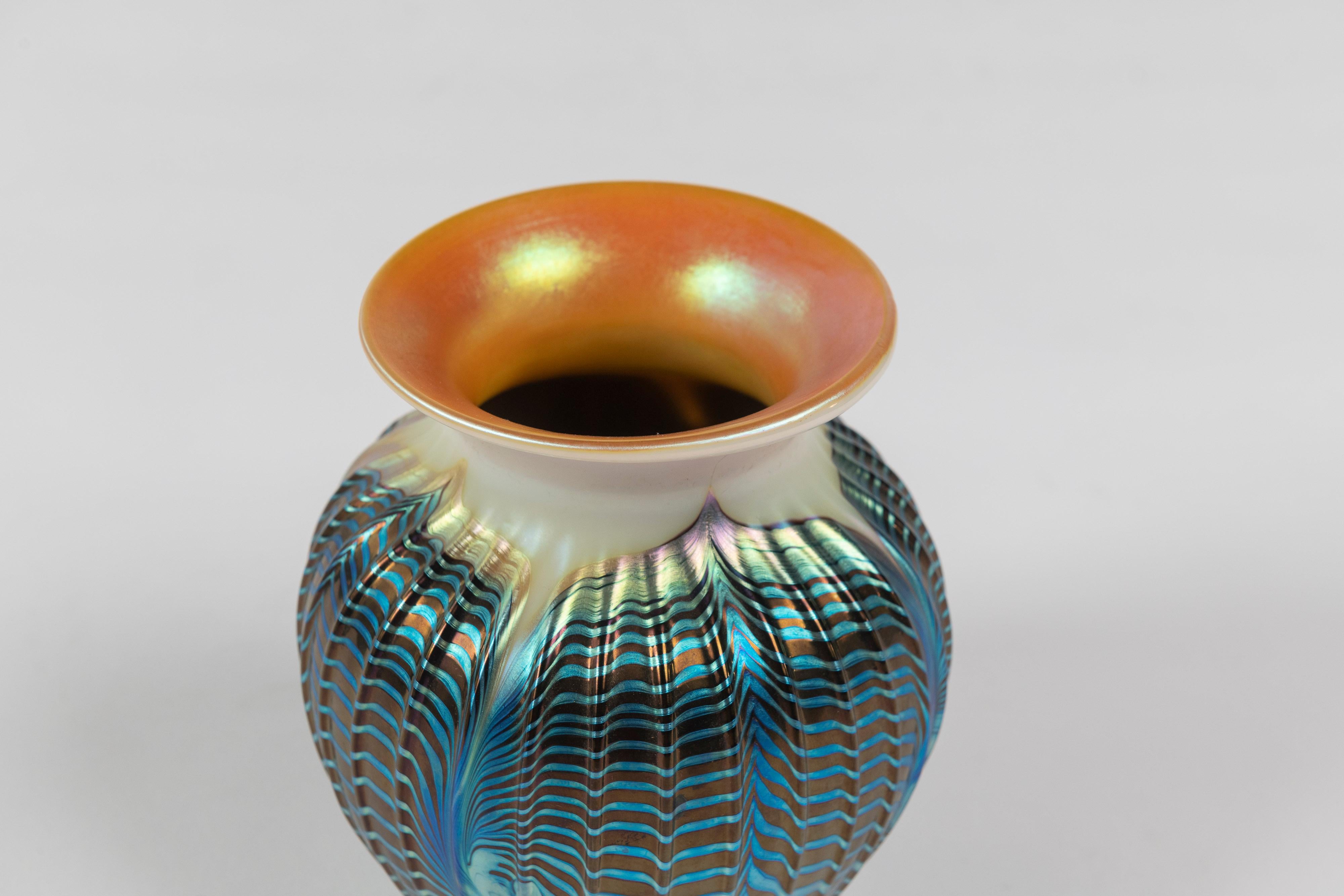 Art Nouveau Multi-Iridescent Art Glass Rimmed Vase, Lundberg Studios, California, Signed For Sale