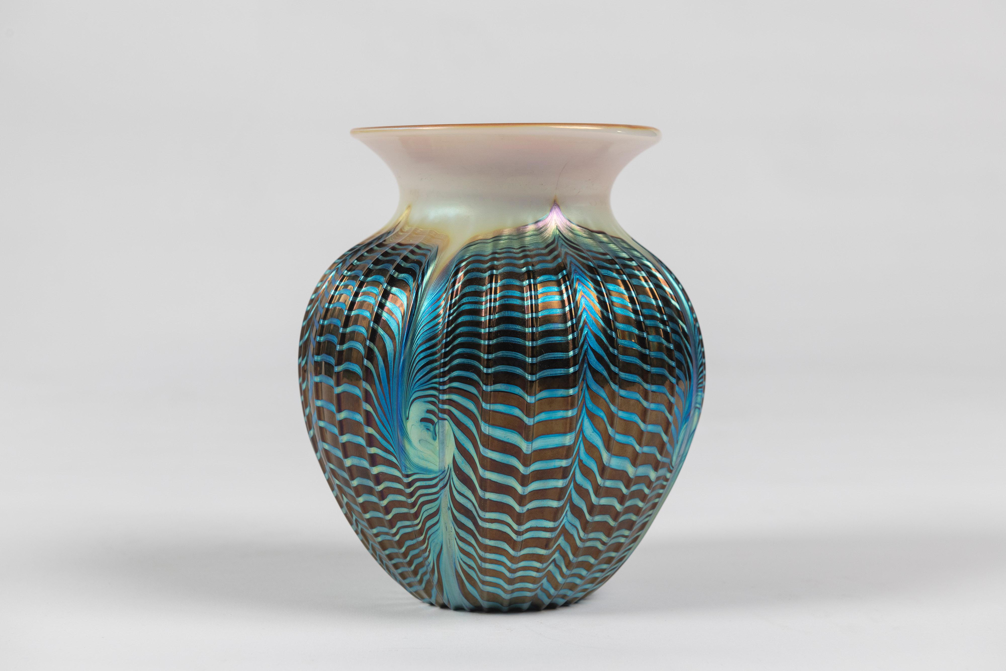 Art Nouveau Multi-Iridescent Art Glass Rimmed Vase, Lundberg Studios, California, Signed For Sale