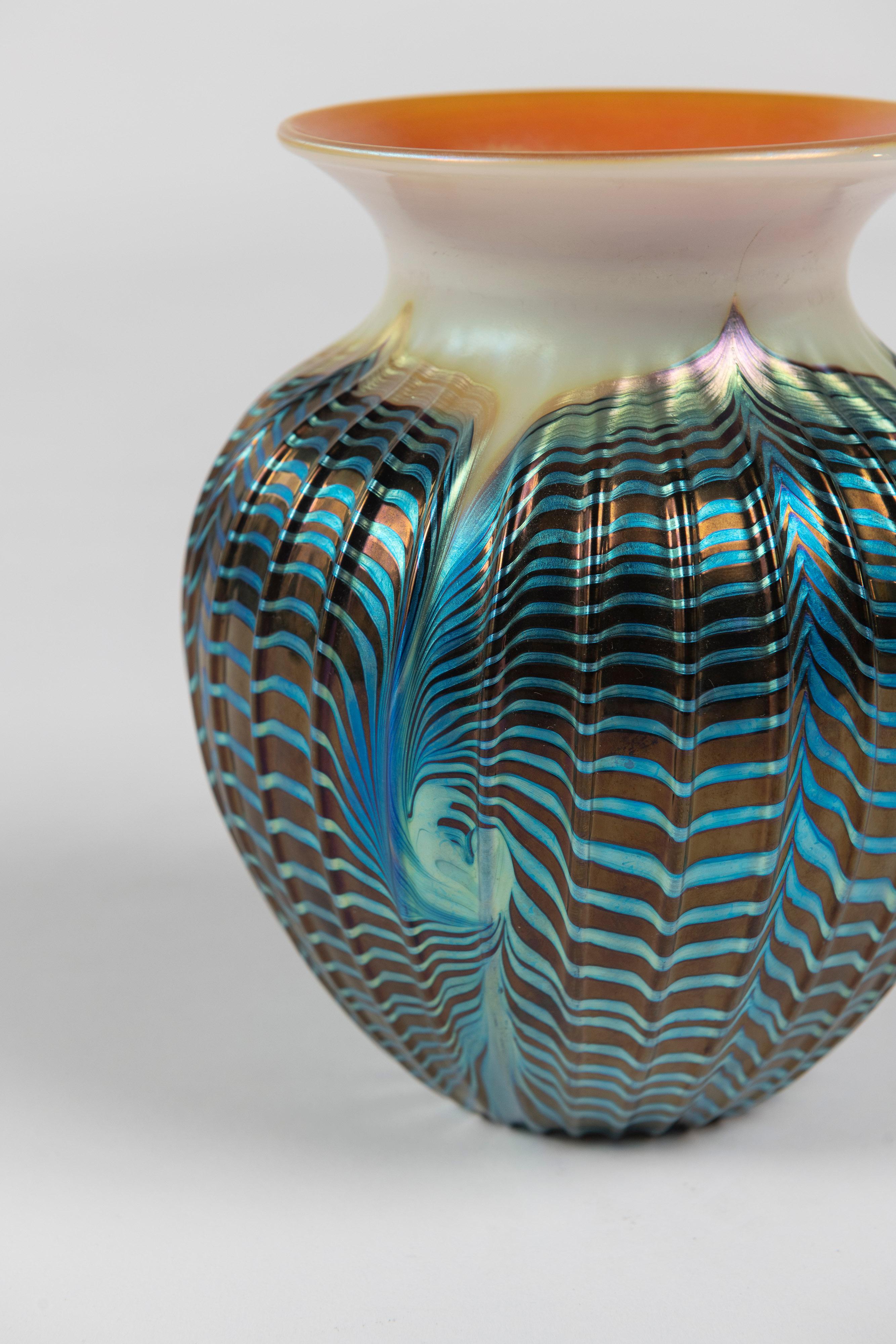 American Multi-Iridescent Art Glass Rimmed Vase, Lundberg Studios, California, Signed For Sale