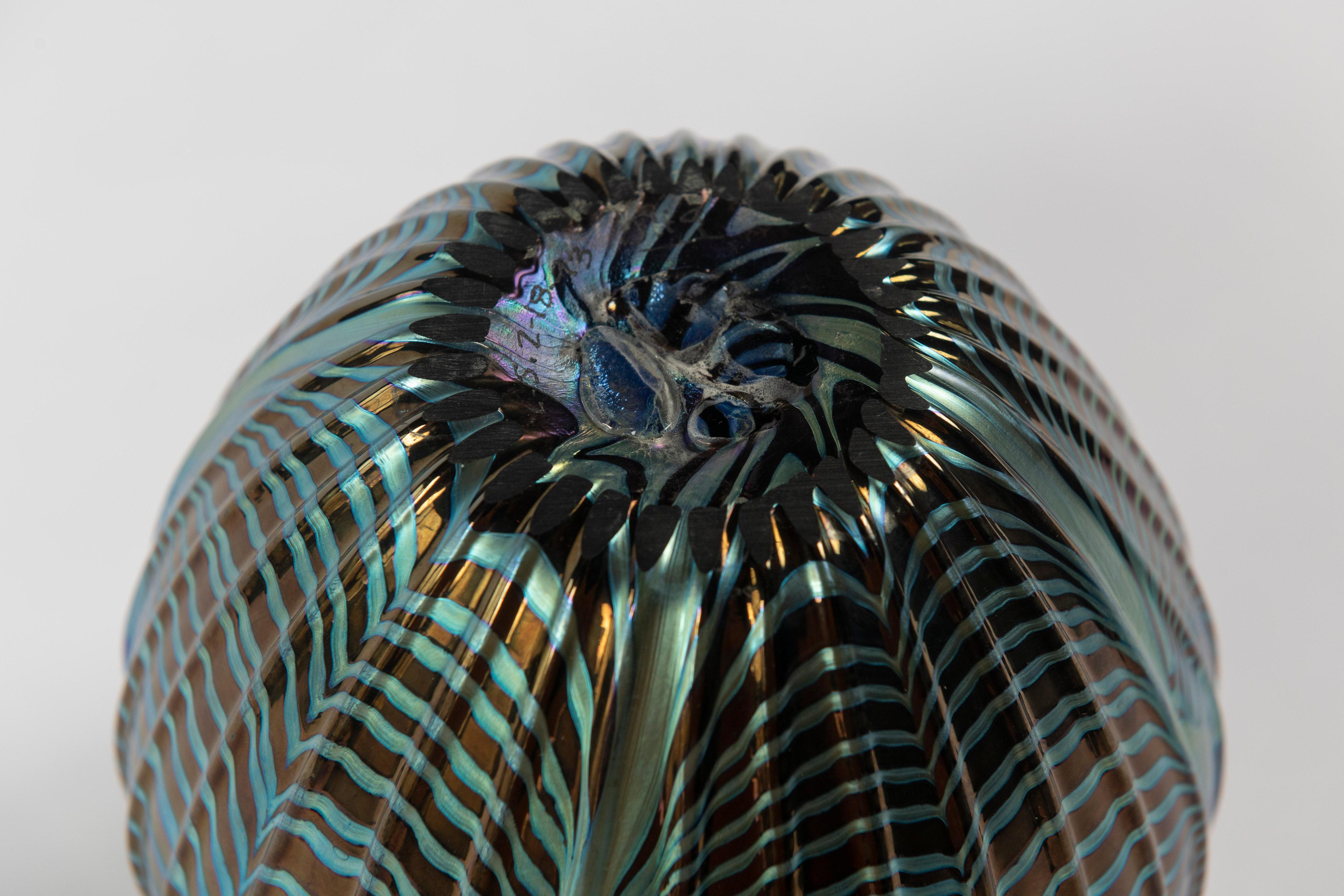 20th Century Multi-Iridescent Art Glass Rimmed Vase, Lundberg Studios, California, Signed For Sale