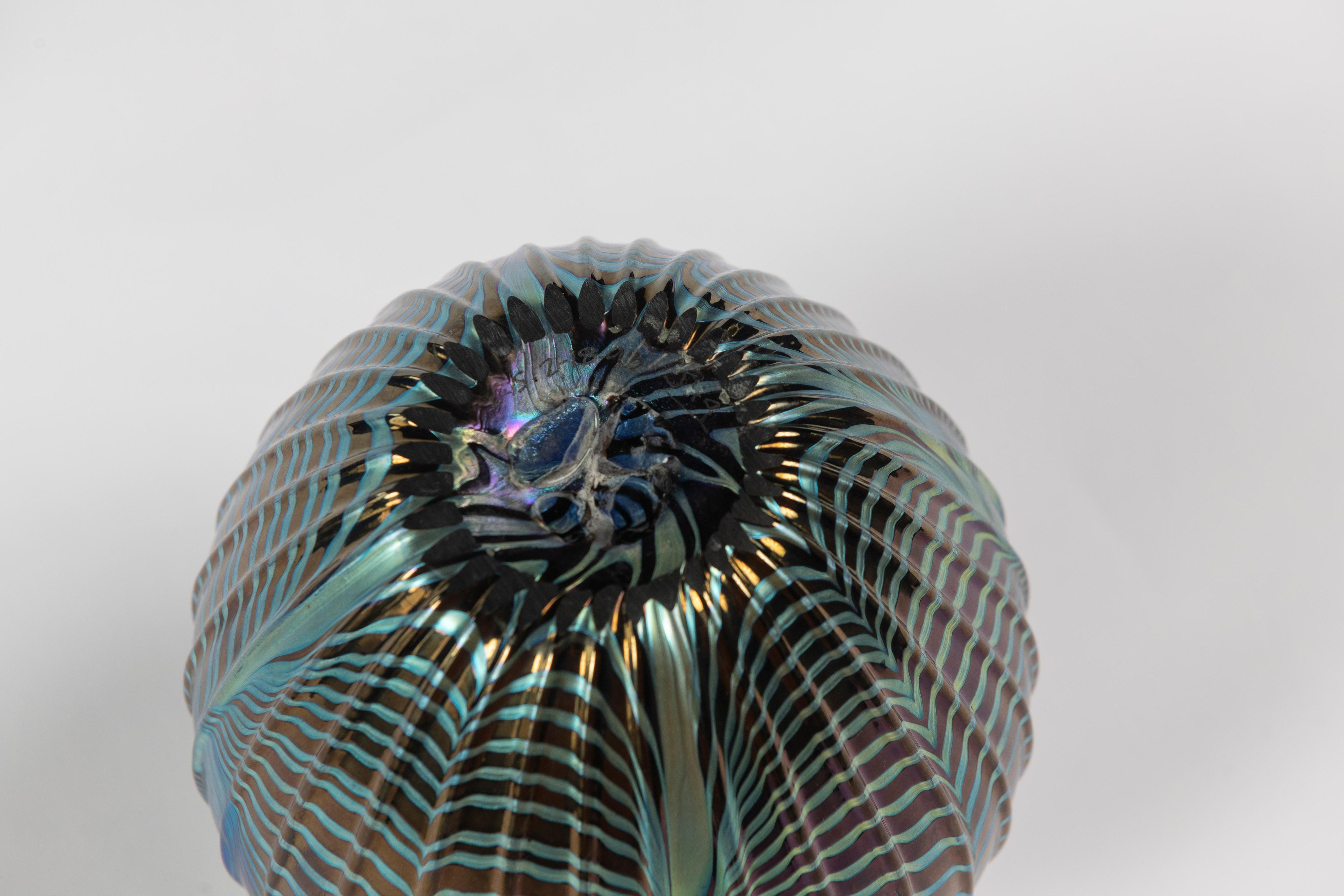 Multi-Iridescent Art Glass Rimmed Vase, Lundberg Studios, California, Signed For Sale 1