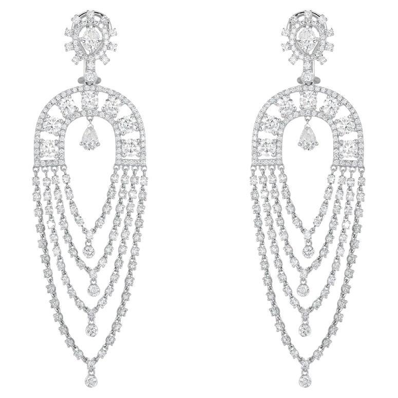 Multi Layered 14K White Gold Chandelier Drop Earrings For Sale