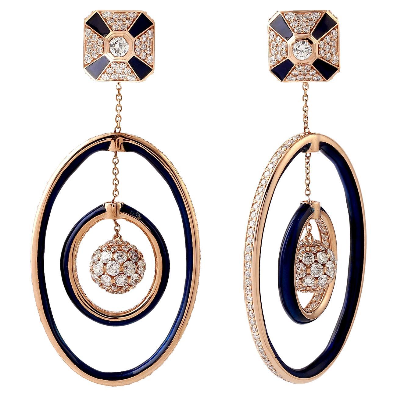 Multi Layered Ceramic Dangle Earrings with Diamonds Made in 18k Gold For Sale