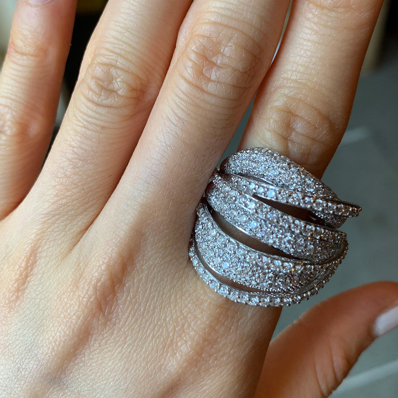 Round Cut Multi-Layered Diamond Pave White Gold Domed Cocktail Ring