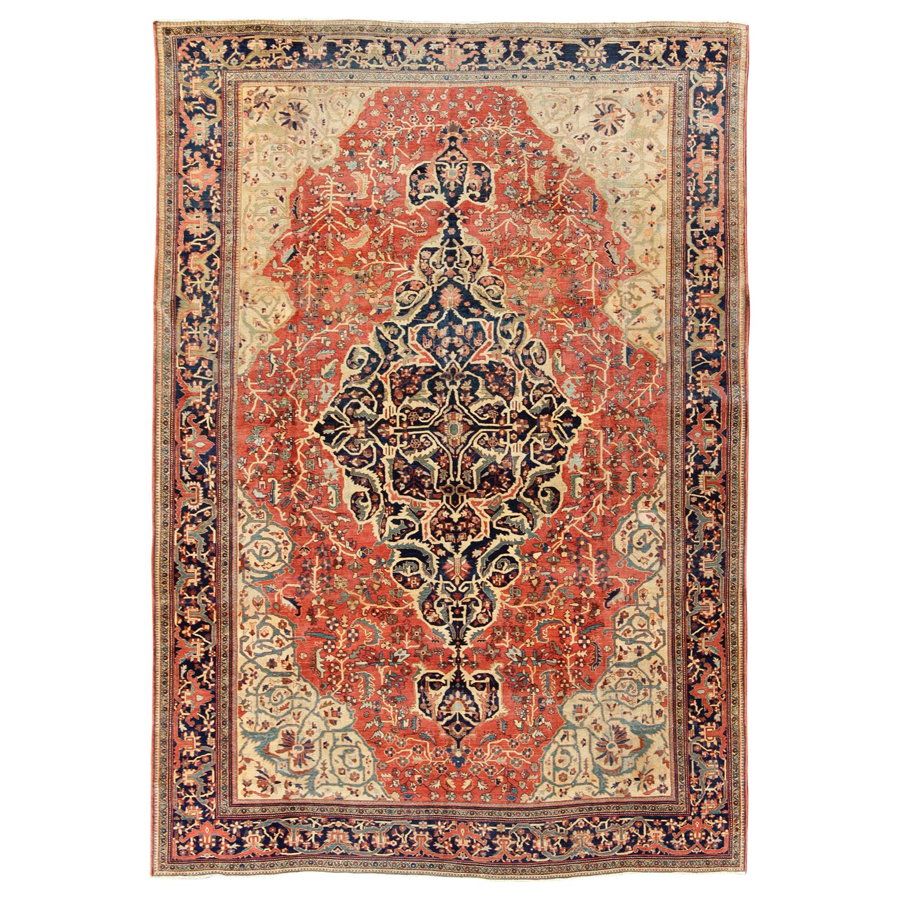 Multi-Layered Medallion Antique Persian Sarouk-Ferahan Rug in Red and Blue
