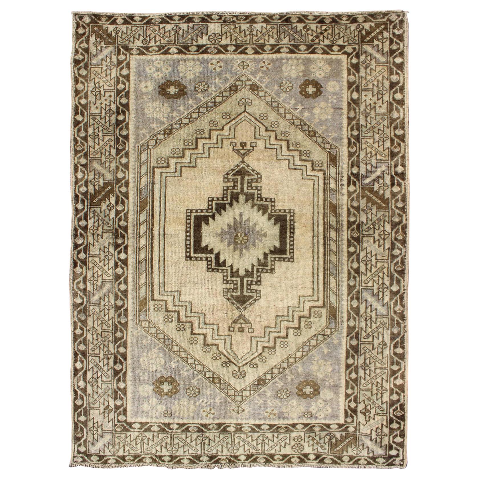 Multi-Layered Medallion Vintage Turkish Oushak Rug in Cream and Shades of Brown