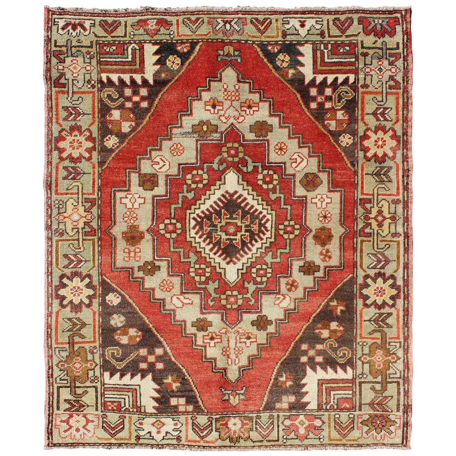 Multi-Layered Medallion Vintage Turkish Oushak Rug in Red, Brown, Mint Green For Sale