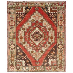 Multi-Layered Medallion Vintage Turkish Oushak Rug in Red, Brown, Mint Green