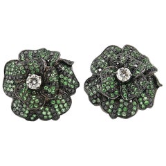 Multi-Layered Petal Flower Tsavorite Black White Diamond Clip 18K Gold Earrings