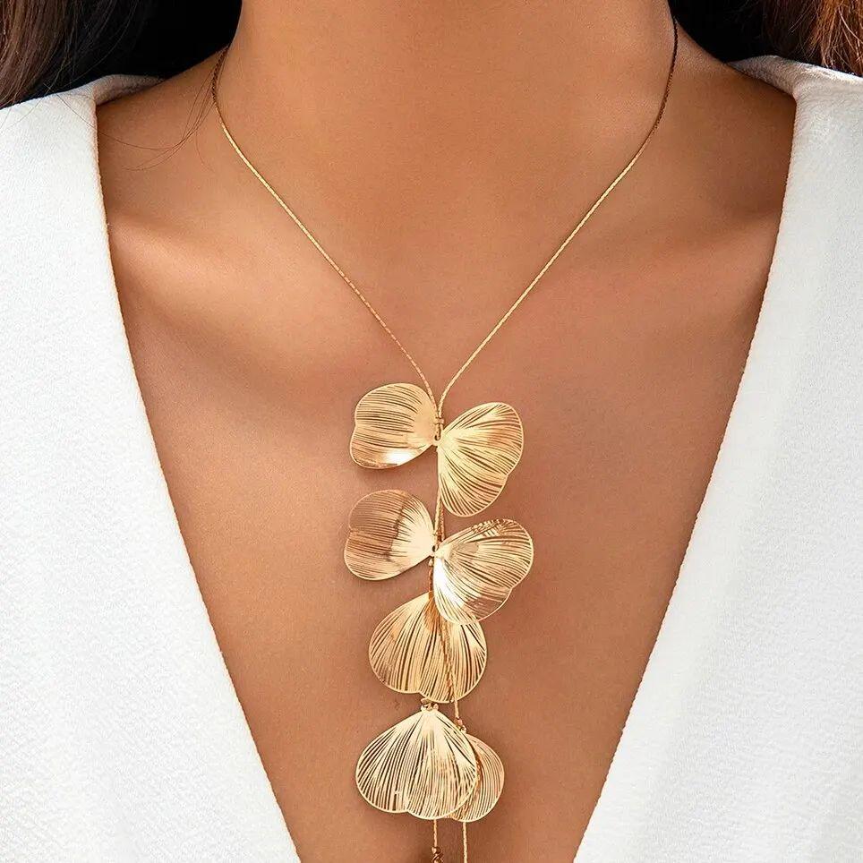 Modern Multi Leaf Design Gold on Copper Drop Statement Vintage Pendant Necklace For Sale