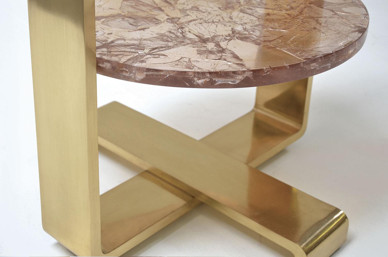 Cocktail side table constructed of solid brass brushed finished structure and two cast crystal resin surfaces. The brushed brass finish is uncoated. It can be coated to prevent natural tarnish and aging upon request. In stock as shown. Custom
