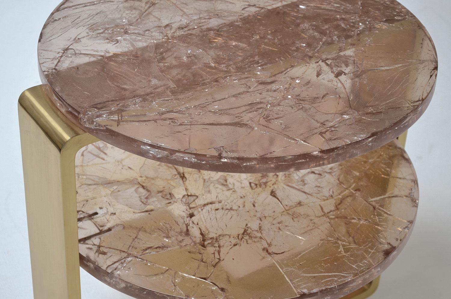 Modern Multi-Leveled Cracked Crystal Resin and Brushed Brass Cocktail Table For Sale