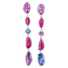 Multi Linear Earrings with Blue, Purple & Pink Sapphires with Rubies & Diamonds