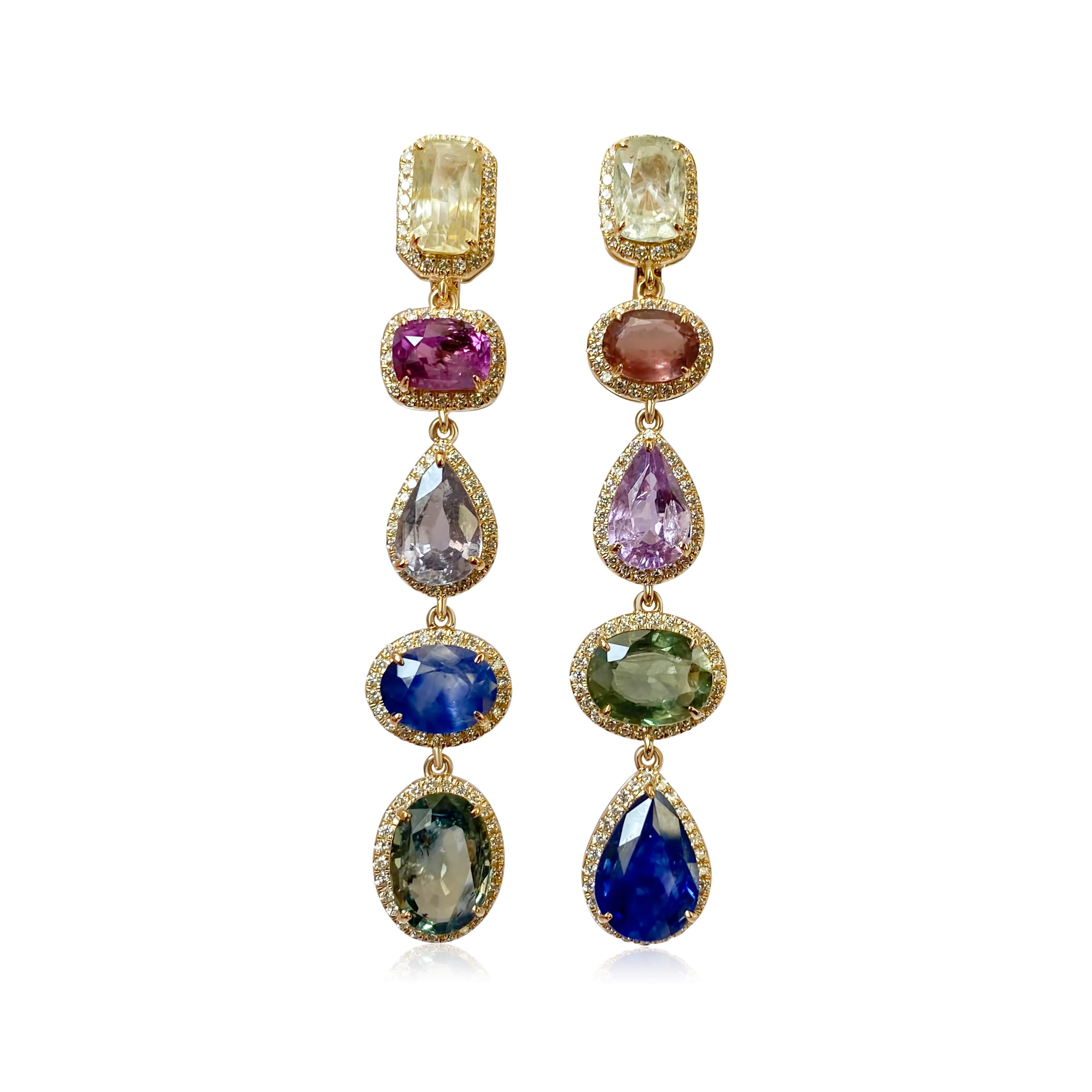 Multi Linear Earrings with Rainbow Sapphires and Diamonds In New Condition For Sale In Houston, TX