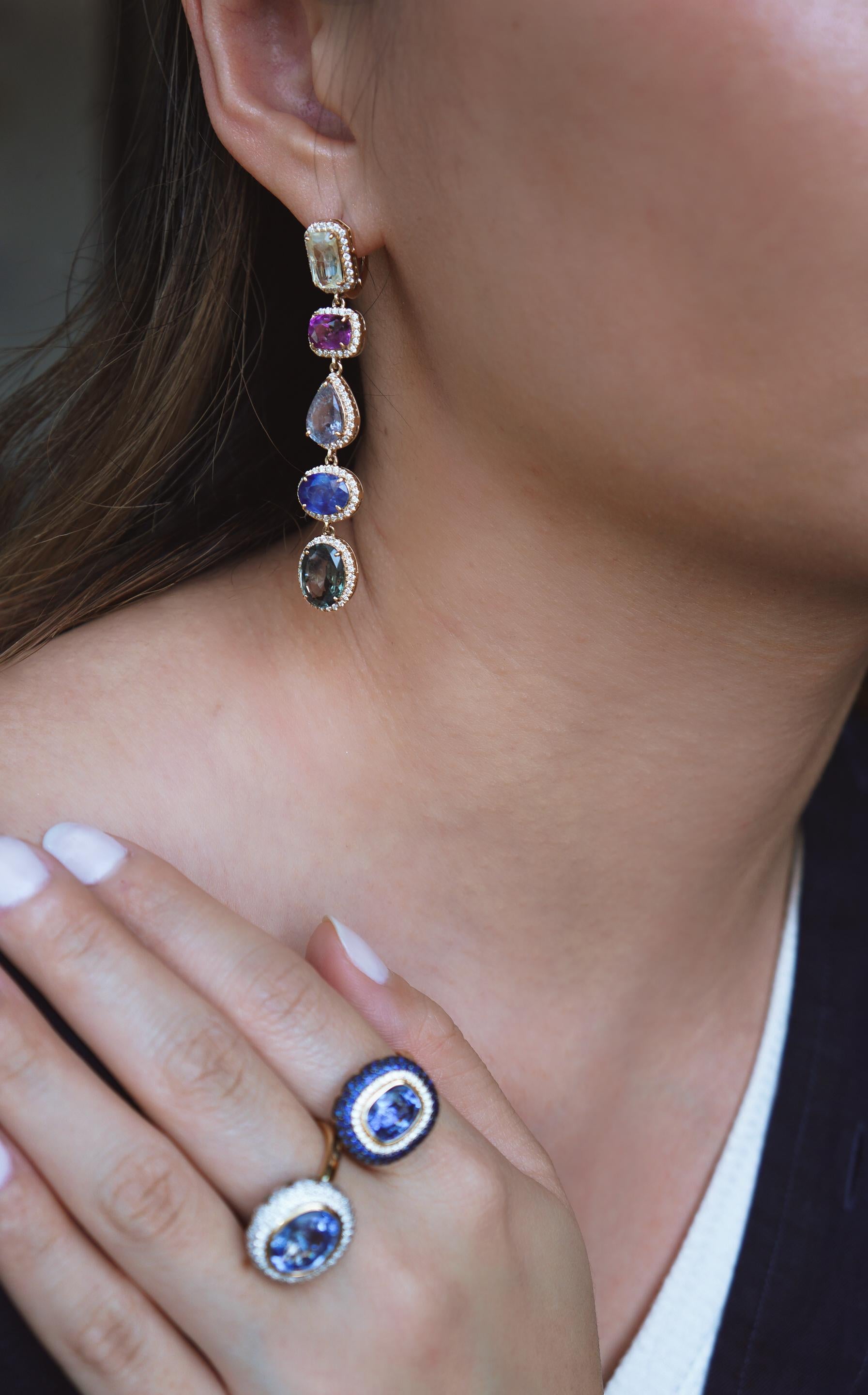 A hallmark of RiNoor jewelry - discovering the most dazzling gemstones and using the finest craftsmanship to create intricate inlays in various gemstones. These long and elegant earrings provide an edgy twist with over 20 cts of gorgeous sapphires