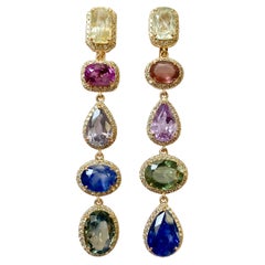Multi Linear Earrings with Rainbow Sapphires and Diamonds
