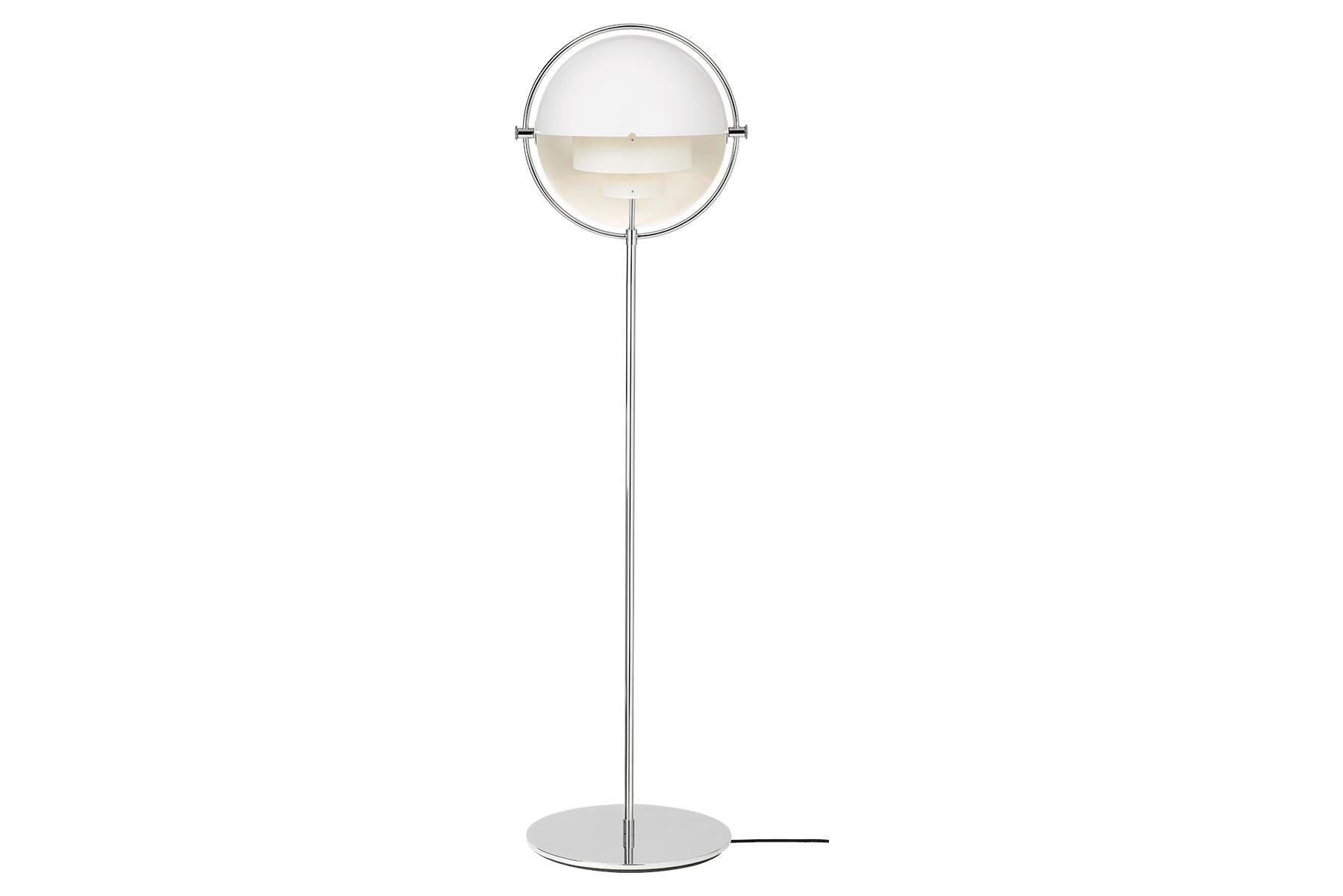 The Multi-Lite floor lamp embraces the golden era of Danish design with its characteristic shape of two opposing outside, mobile shades that enable creating a personal installation and a wide range of lighting values in a room. By individually