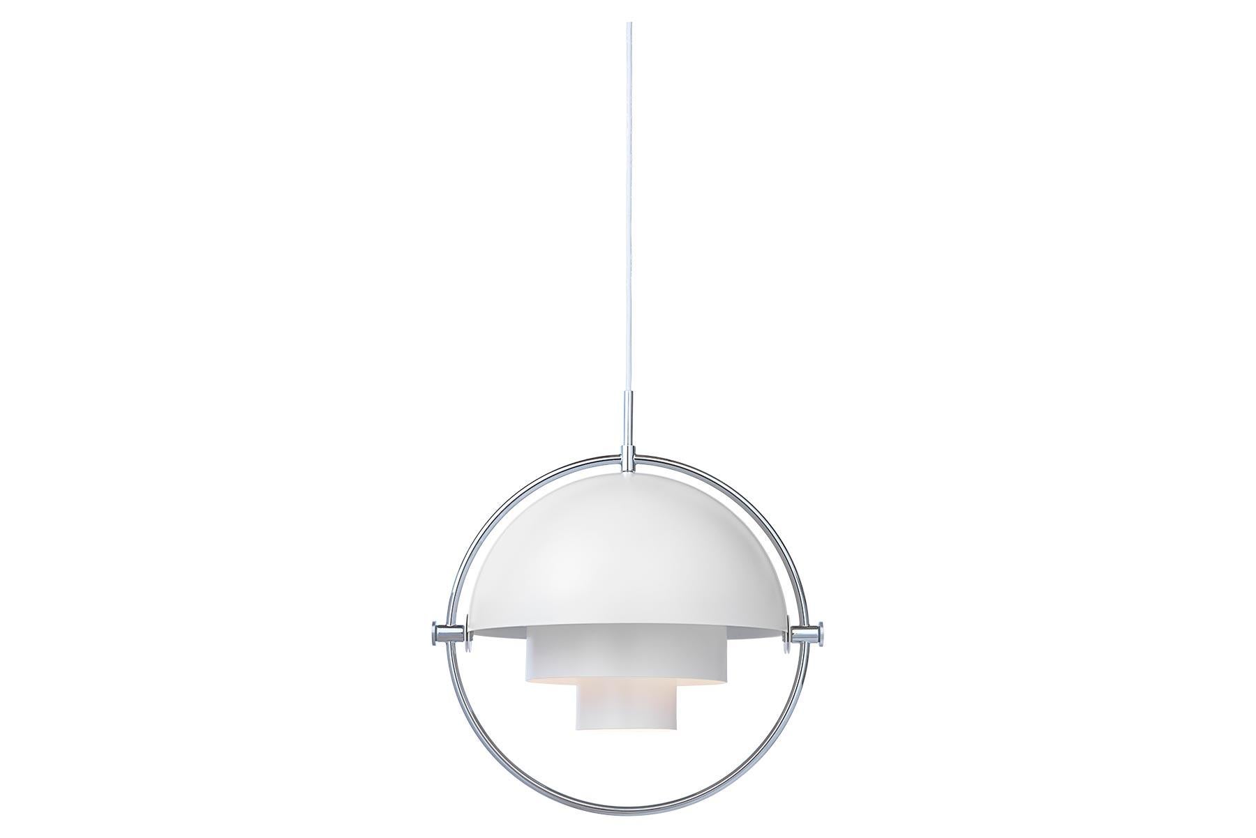 The Multi-Lite pendant embraces the golden era of Danish design with its characteristic shape of two opposing outside, mobile shades that enable creating a personal installation and a wide range of lighting values in a room. By individually rotating