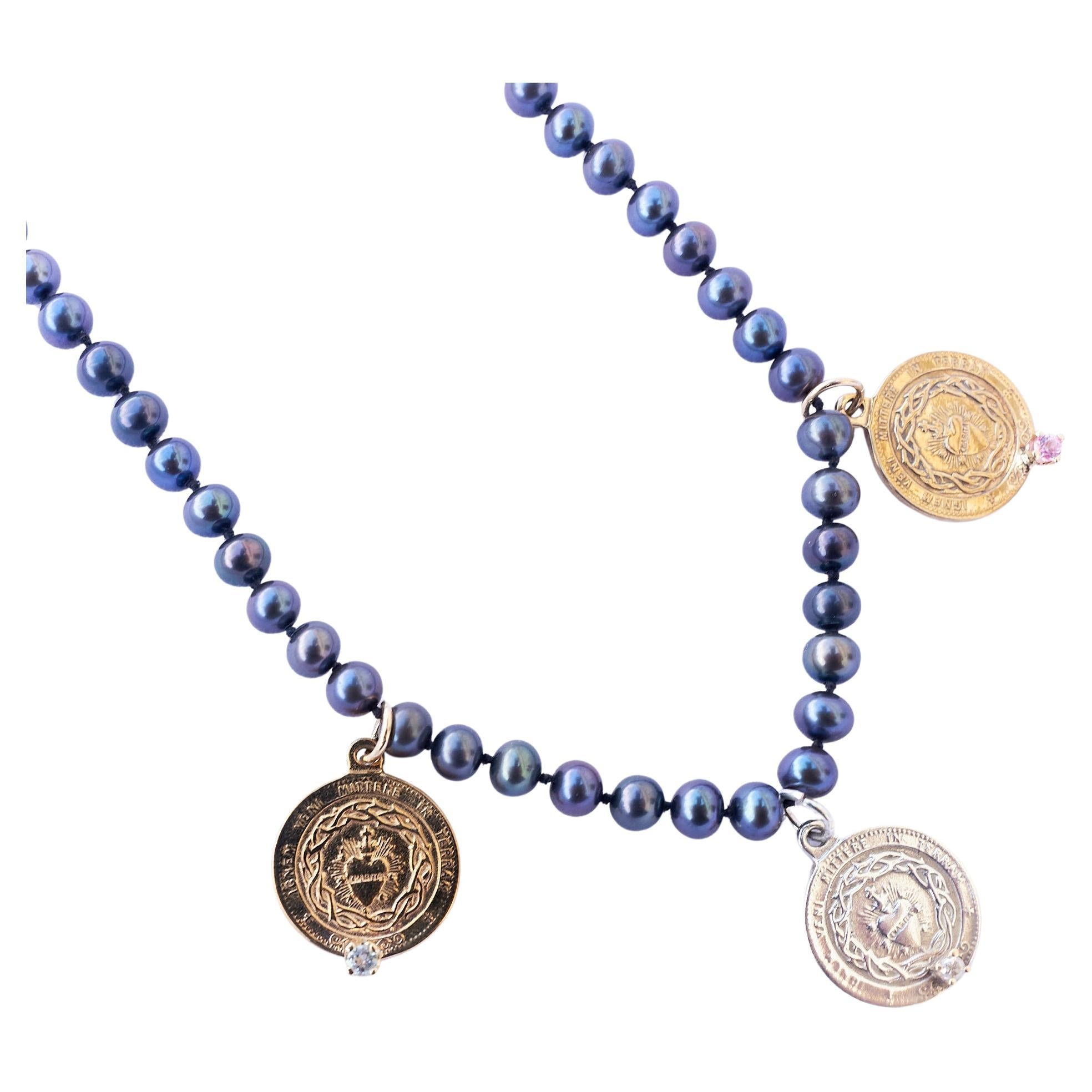 Saphir Aquamarin Herz Medaille Halskette Schwarz Perle Silber Bronze J DAUPHIN
18